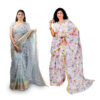 Women's Hand Printed Kota Doria Cotton Blend Cotton Blend Saree Combo (Grey & White)