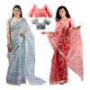 Women's Hand Printed Kota Doria Cotton Blend Saree Combo (Grey & Carrot Red-Pink)