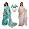 Women's Hand Printed Kota Doria Cotton Blend Saree combo (Blue & White)