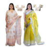 Women's Hand Printed Kota Doria Cotton Blend Saree Combo (White & Lemon Yellow)