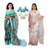 Women's Hand Printed Kota Doria Cotton Blend Saree Combo (Blue & White)