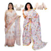 Women's Hand Printed Kota Doria Cotton Blend Saree Combo (White & White)