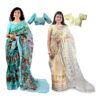 Women's Hand Printed Kota Doria Cotton Blend Saree Combo (Blue & Peach-yellow)