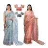 Women's Hand Printed Kota Doria Cotton Blend Saree Combo (Grey & Carrot Pink)