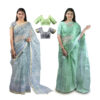 Women's Hand Printed Kota Doria Cotton Blend Saree Combo (Grey & Green)