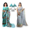 Women's Hand Printed Kota Doria Cotton Blend Saree Combo(Blue & Grey)