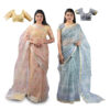 Women's Hand Printed Kota Doria Cotton Blend Saree Combo (Grey & Mustard)