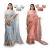 Women's Hand Printed Kota Doria Cotton Blend Saree Combo (Grey & Carrot-pink)