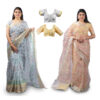 Women's Hand Printed Kota Doria Cotton Blend Saree Combo (Grey & Mustard)