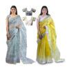 Women's Hand printed Kota Doria Cotton Blend Saree Combo (Grey & Lemon Yellow)