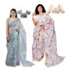 Women's Hand Printed Kota Doria Cotton Blend Saree Combo (Grey & White)