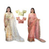 Women's Hand Printed Kota Doria Cotton Blend Saree Combo (Peach-yellow & Carrot-pink)