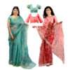 Women's Hand Printed Kota Doria Cotton Blend Saree Combo(Green & Carrot Pink)