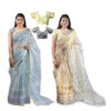 Women's Hand Printed Kota Doria Cotton Blend Saree Combo (Grey & Peach Yellow)