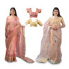 Women's Hand Printed Kota Doria Cotton Blend Saree Combo (Carrot-pink & Mustard)