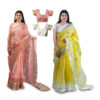 Women's Hand Printed Kota Doria Cotton Blend Saree Combo (Carrot-pink & Lemon yellow)
