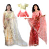 Women's Hand Printed Kota Doria Cotton Blend Saree Combo (Peach-yellow & Carrot-pink)