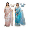 Women's Hand Printed Kota Doria Cotton Blend Saree Combo (White & Blue)