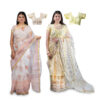 Women's Hand Printed Kota Doria Cotton Blend Saree Combo (White & Peach Yellow)