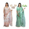 Women's Hand Printed Kota Doria Cotton Blend Saree Combo (White & Green)
