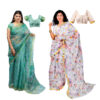 Women's Hand Printed Kota Doria Cotton Blend Saree Combo (Green & White)