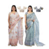 Women's Hand Printed Kota Doria Cotton Blend Saree Combo (White & Grey)