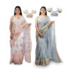 Women's Hand Printed Kota Doria Cotton Blend Saree Combo (White & Grey)