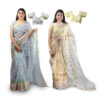 Women's Hand Printed Kota Doria Cotton Blend Saree Combo (Grey & Peach yellow)