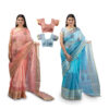 Women's Hand Printed Kota Doria Cotton Blend Saree Combo (Carrot-pink & Blue)