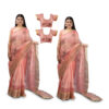 Women's Hand Printed Kota Doria Cotton Blend Saree Combo (Carrot-pink)