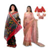 Women's Hand Printed Kota Doria Cotton Blend Saree Combo (Grey-black & Carrot-pink)