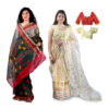 Women's Hand Printed Kota Doria Cotton Blend Saree Combo (Grey-black & Peach-yellow)