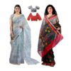 Women's Hand Printed Kota Doria Cotton Blend Saree Combo (Grey & Grey-black)