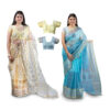 Women's Hand Printed Kota Doria Saree Combo (Peach-yellow & Blue)
