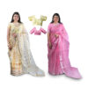 Women's Hand printed Kopta Doria Cotton Blend Saree Combo (Peach-yellow & Pink)