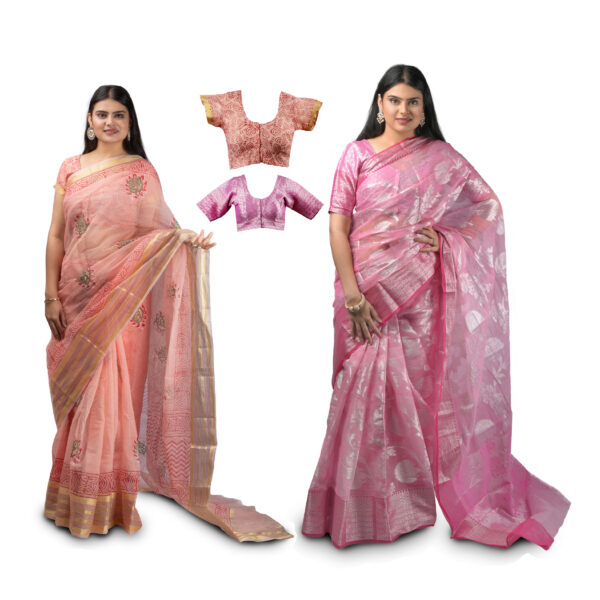 Women's Hand Printed & Applique Worked Kota Doria Cotton Blend Saree Combo (Carrot-pink & Pink)
