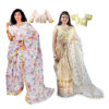 Women's Hand Printed Kota Doria Cotton Blend Saree Combo (White & Peach-yellow)