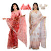Women's Hand Printed Kota Doria Cotton Blend Saree Combo (Carrot Pink & White)