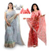 Women's Hand Printed Kota Doria Cotton Blend Saree Combo (Grey & Carrot-pink)
