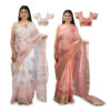 Women's Hand Printed Kota Doria Cotton Blend Saree Combo (White & Carrot Pink)