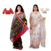 Women's Hand Printed Kota Doria Cotton Blend Saree Combo (Grey-black & White)