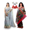 Women's Hand Printed Kota Doria Cotton Blend Saree Combo (Grey & Grey-black)
