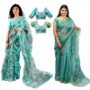 Women's Hand Printed Kota Doria Cotton Blend Saree Combo (Green & Blue)