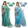 Women's Hand Printed Kota Doria Cotton Blend Saree Combo (Green & Blue)