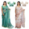 Women's Hand Printed Kota Doria Cotton Blend Saree (Green & White)