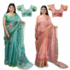 Women's Hand Printed Kota Doria Cotton Blend Saree Combo (Green & Carrot Pink)