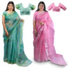 Women's Hand Printed Kota Doria Cotton Blend Saree (Green & Pink)