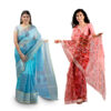 Women's Hand Printed Kota Doria Cotton Blend Saree Combo (Blue & Carrot-pink)