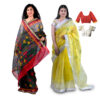 Women's Hand Printed Self Design Kota Doria Cotton Blend Saree Combo (Grey-black & Lemon-yellow)