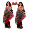 Women's Hand Printed Kota Doria Cotton Blend Saree Combo (Grey-black)